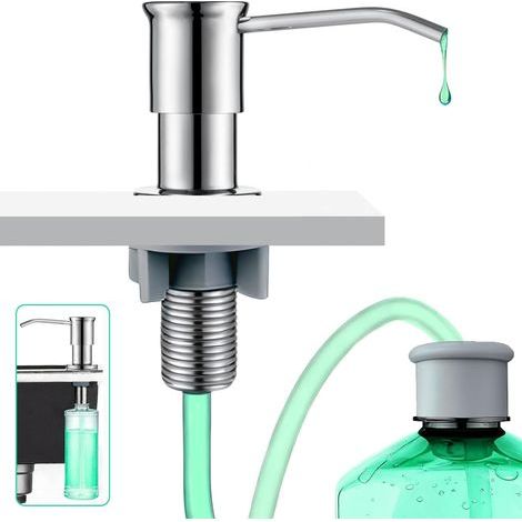 Distributeur De Liquide Vaisselle Avec Rallonge, Pour Évier De Cuisine, Avec Mécanisme À Poussoir, Design En Acier Inoxydable Et Fixation Compacte, Couleur Argent. (1/5)