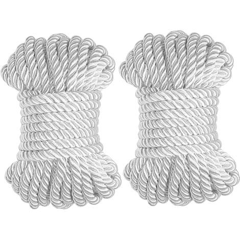 Lot de 2 rouleaux de corde en soie douce, tressés et torsadés, 10 m de longueur totale, 8 mm de diamètre, fil brillant, corde solide pour tout usage (blanc) (1/5)