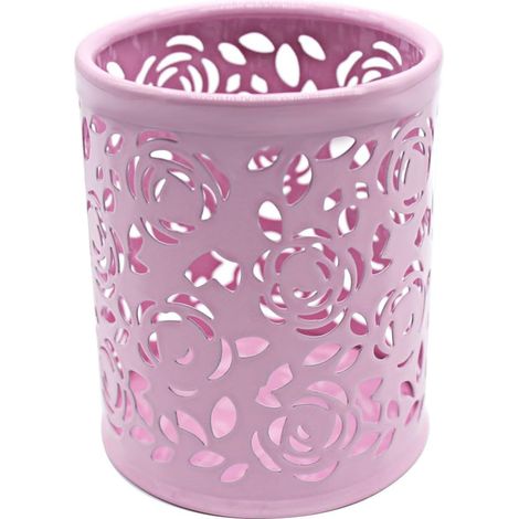 Pen Holder - Metal Wrought Iron Round Desk Organizer - For Pens Pencils Makeup Brushes - 10 x 8 cm - Pink - 1 Piece