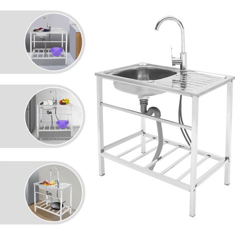 Lavelli da cucina, lavello a vasca singola in acciaio inox con rubinetto, lavello da cucina per esterni, lavabo commerciale in acciaio inox per ristorante, bar, garage, lavello da giardino autoportant (1/5)