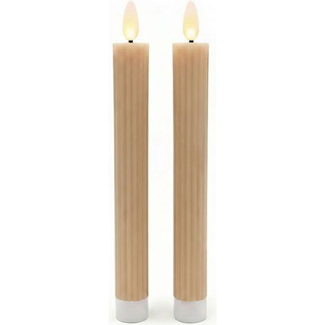 Relaxdays LED Stabkerzen, 2er Set, HxD 25 x 2 cm, flackernde Flamme, Echtwachs, Rillen, flammenlose Kerzen, mocha-mousse