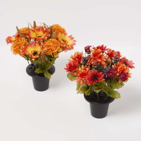 HOMESCAPES Artificial Foxtail Autumn Flowers in Grave Vases, Set of 2 (1/5)