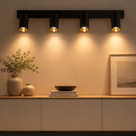 Plafoniera da Parete e Soffitto in Metallo 4 Faretti GU10 con Anello Dorato Intercambiabile Nero (1/5)