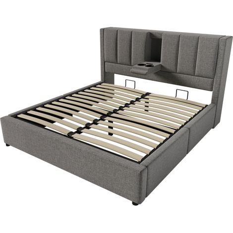Letto contenitore 140x190 cm in lino grigio con USB, Type-C e portabicchieri, rete inclusa (1/5)