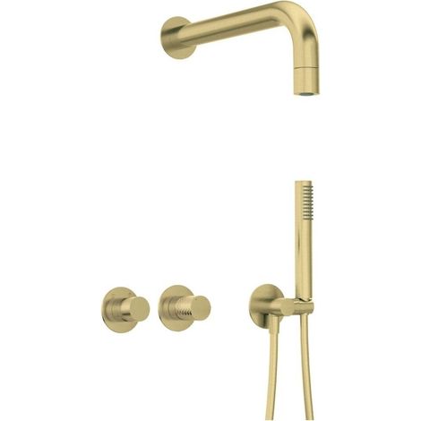 Ensemble de mitigeur de douche encastré horizontal avec douchette et pomme de douche fixe, finition or brossé - Hexo