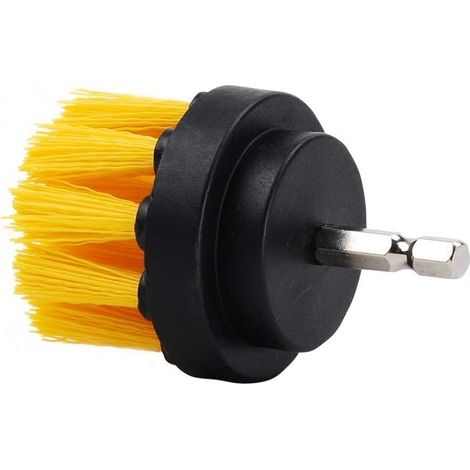 Brosse de nettoyage rigide alimentée par perceuse jaune de 5,1 cm de diamètre pour applications de nettoyage des surfaces de salle de bain, composé de finition, taches d'eau dure, nettoyant de joints (1/5)
