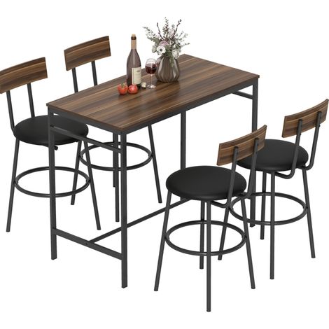 Conjunto de mesa de bar industrial 5 piezas con 4 taburetes, madera y acero, marrón (1/5)