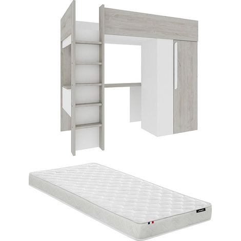 Lit mezzanine 90 x 200 cm avec armoire et bureau - Naturel grisé et blanc + Matelas - NICOLAS (1/5)