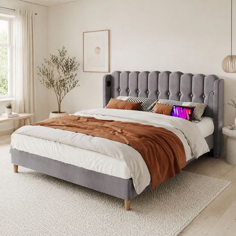 Lit 180x200 avec USB et port Type-C, cadre de lit rembourré avec sommier à lattes gris DESVIAE (1/5)