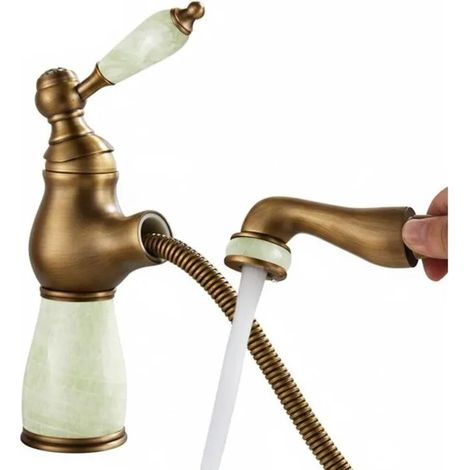 Waschbeckenarmatur grün mit Brause, Einloch ausziehbar, Messing (1/4)