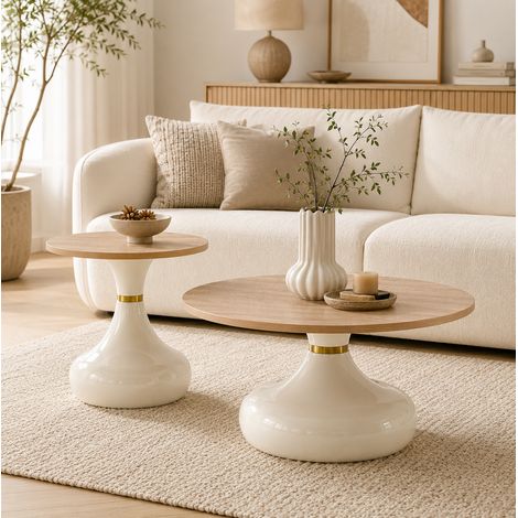 Set de 2 tables basses en MDF et métal, rondes, aspect pierre/bois clair, 70 cm et 50 cm (1/5)