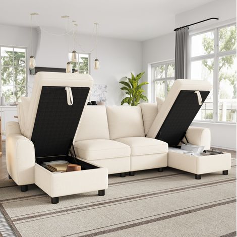 Canapé d'angle U en chenille beige, 280 x 137 x 84 cm, avec rangements HAVRYA (1/5)