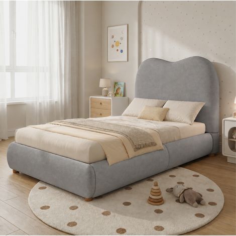 Cama infantil tapizada (215x101x98 cm), con almacenamiento hidráulico y somier, cabecero acolchado, lino gris (1/5)