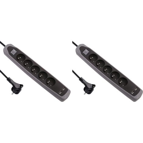 Bloc Multiprise 5 Prises et 2 USB avec Interrupteur - Couverture en Silicone antidérapant - câble 2 MT - fiche Plat (Lot de 2) (1/5)