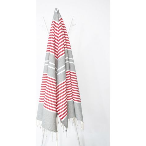 Fouta 100x200 gris rayures blanc, rouge - 100% coton - franges (1/4)