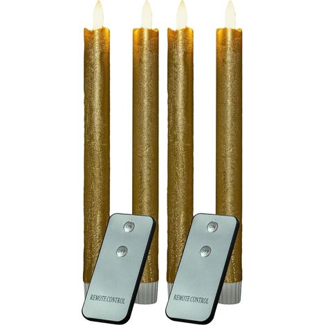 Bougies coniques LED avec minuterie OR 4 pièces OR intérieur - 6 heures - VRAIE CIRE 23 cm de hauteur pour les bougies 2,2 cm de diamètre 2 piles AAA