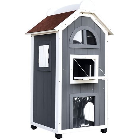 Katzenhaus für Katzenbett oder Katzentoilette, Katzenschrank, Katzenklo für drinnen, Tannenholz, Asphalt-Dach, grau, 59 x 55 x 109 cm