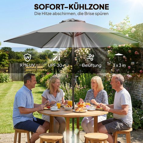 Parasol 3 m avec housse de protection, parasol de marché extérieur inclinable à manivelle, avec aération anti-vent, gris (1/4)
