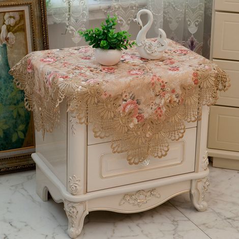 Nappe de chevet carrée, housse de table de chevet, nappe anti-poussière, coussin (1 pièce, rétro café 915)