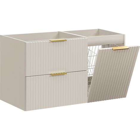 Furnidea - Meuble suspendu sous vasque avec panier à linge ADEL CACHEMIRE 100 cm - 2 tiroirs - Façades rainurées (1/5)