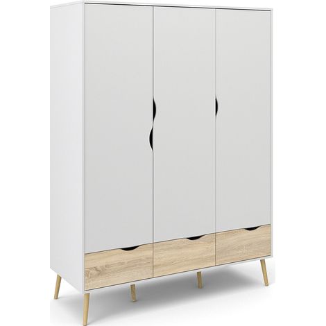 Napoli Kleiderschrank mit 3 Türen und 3 Schubladen weiss/ Eichestruktur/ massiv Eiche.