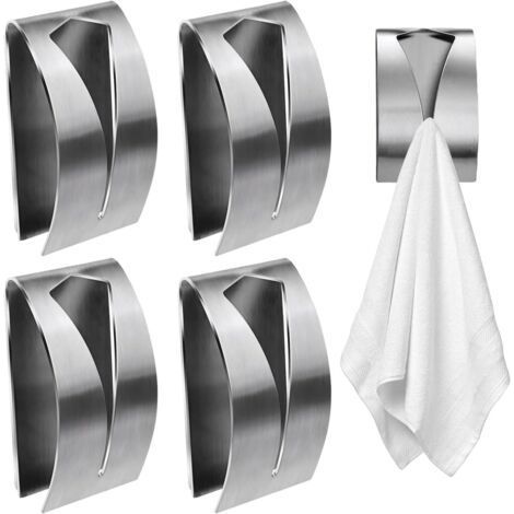 Pièces Patère Autocollant Salle de Bain,Attache Torchon Mural Salle de Bain en Acier Inoxydable,Accroche Porte Torchon Autocollante Cuisine,Porte Serviette Sans Percage,Argent (1/5)