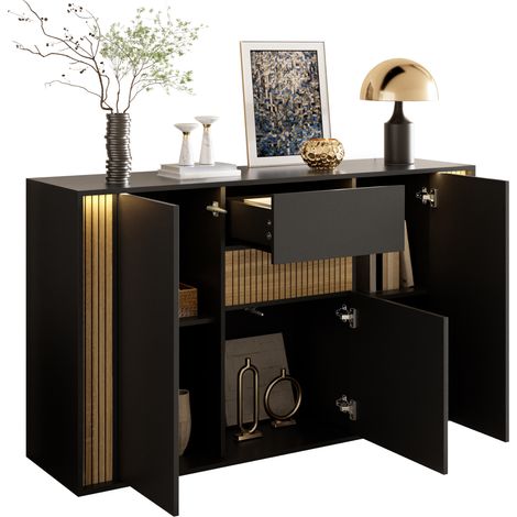 Buffet noir et bois naturel 140 cm, commode 3 portes 1 tiroir avec éclairage LED réglable (1/5)