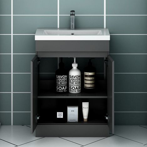 500MM Anthracite High gloss MDF Vanity unit, Soft closing, Disassembly, Double door, Freestanding + 200A Thick White Small size Ceramic basin