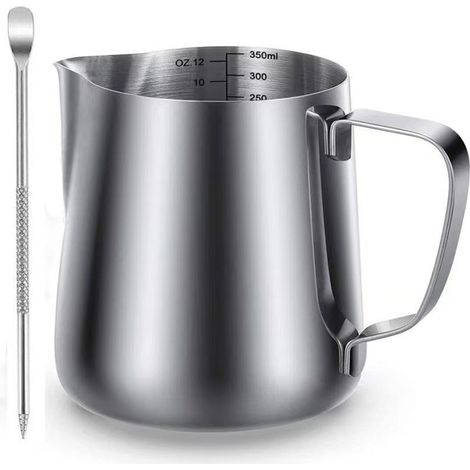 Tragbarer 350-ml-Milchaufschäumer aus Edelstahl mit Skala und Latte-Art-Stift.