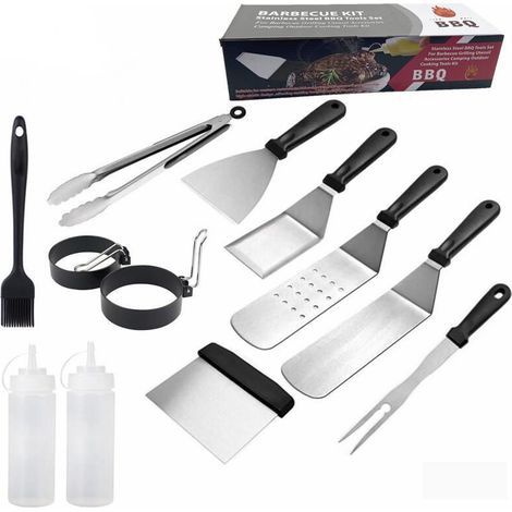 12 Pcs Ensemble de Spatuleen Acier Inoxydable, Ensemble d'accessoires pour Plaque chauffante Professionnelle BBQ, Barbecue Spatule ustensiles Set, Ustensile de barbecue (1/2)