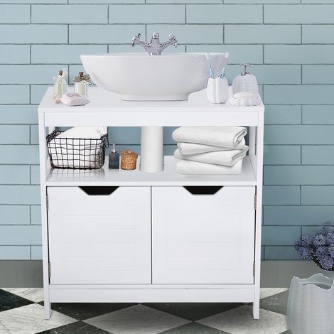 Armoire pour dessous de lavabo Cabine de salle de bains avec étagère 2 Porte de rangement Dispositif anti-réversions Résistant à l‘humidité 60x30x60 cm Blanc (1/5)