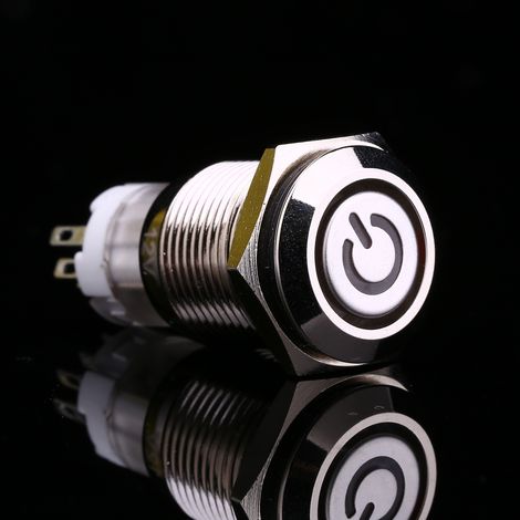 Interrupteur à bouton-poussoir étanche à LED rouge de 16 mm avec symbole d'alimentation (laiton nickelé autobloquant) (1/5)