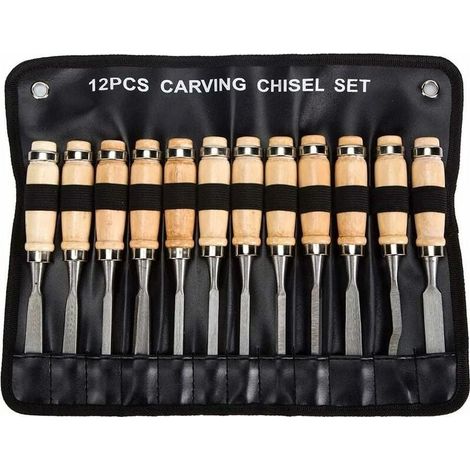 – Ciseaux à bois professionnels – 12 outils en acier au carbone – Poignées en bois ergonomiques – Kit de sculpture pour débutants (1/5)
