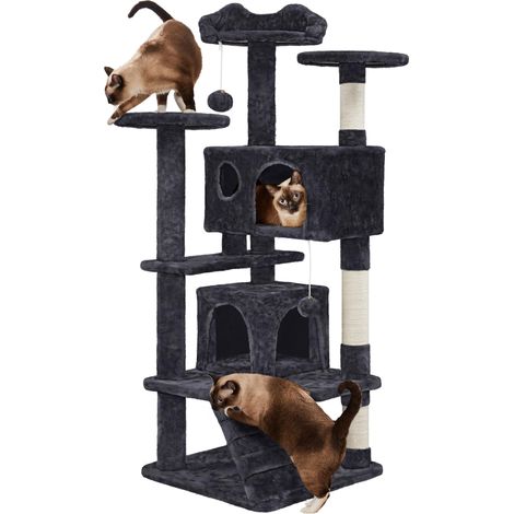 Arbre à Chat 139 cm, Arbre à Grimper avec 2 Niches 3 Plateformes 2 Boules en Sisal Multi-Niveaux pour 3-4 Chats, Noir (1/5)