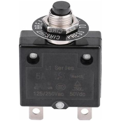 Disyuntor de 5 A con interruptor de reinicio térmico opcional, 125-250 V CA, 50 V CC, interruptor de botón pulsador con protección contra sobrecorriente.