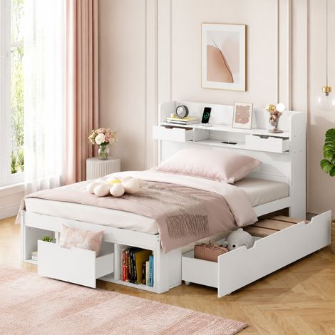 Cama individual 90 x 190 cm con USB, cajón y almacenaje, blanca, MDF y contrachapado (1/5)
