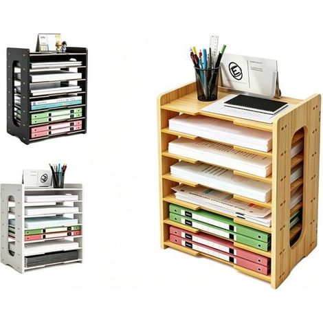 Organiseur de bureau en bois - marron foncé, 36 x 25 x 38,5 cm - étagère à 7 niveaux, idéale pour les bureaux et les écoles (1/5)