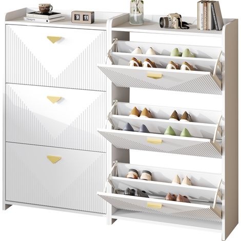 2-teiliges Set Schuhschrank und Sideboard 140 x 30 x 120 cm, mit 6 Klapptüren, MDF, Weiß, Vakuumform-Design, verstellbare Breite