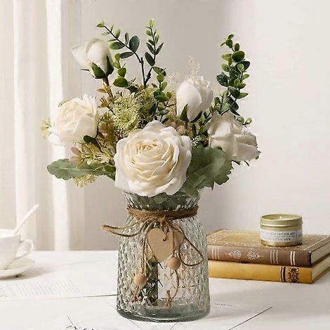 Fleurs artificielles en vase roses artificielles en soie en vase compositions florales artificielles en vase pour le bureau à domicile (1/5)