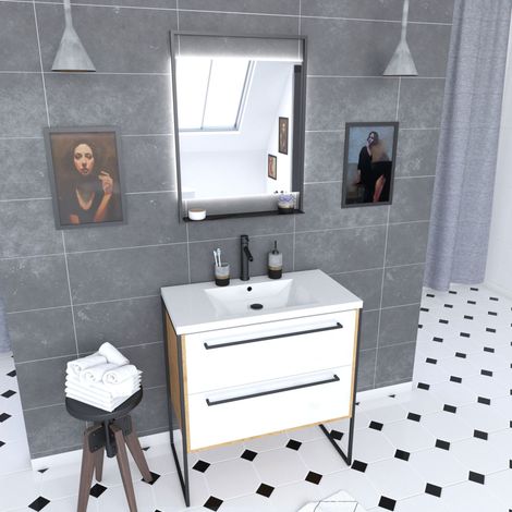 Set bagno bianco 80 cm + piano lavabo in resina bianco 80x50 + cassetti bianco opaco + specchio