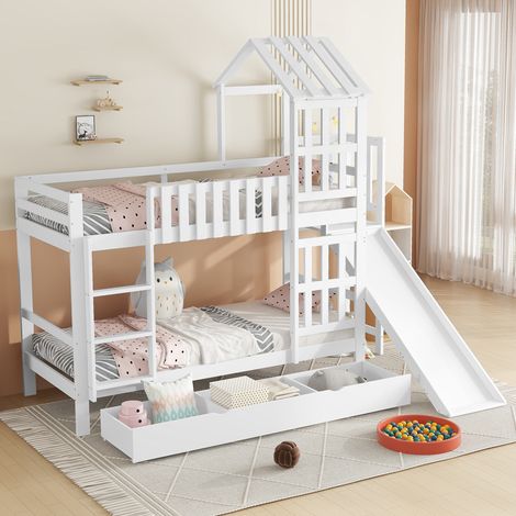 Letto a castello per bambini in legno massello e MDF bianco 90x200 cm con scivolo e cassetto su ruote