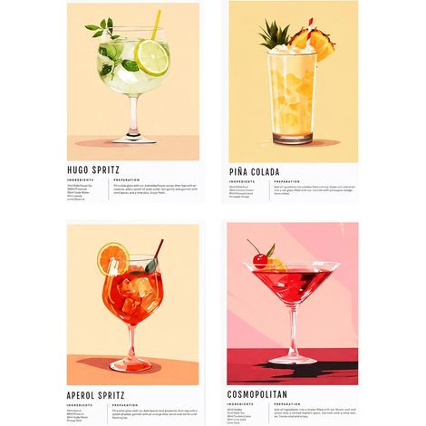 Set de 4 Affiches Cocktail Retro 20x30cm Poster Mural Tableau Decoration Murale Vintage Limoncello Affiche Decoration Murale Decoration Cuisine Poster Vintage sans Cadre (1/5)
