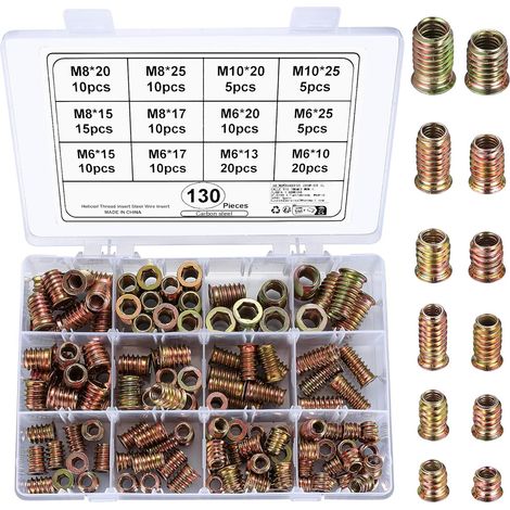 130 Pcs Insert Fileté Bois M6 M8 M10, Ecrou Inserts Filetés, Écrous Manchons à Visser Filetée Insert Ecrou Hexagonal pour Fixation et Connexion de Meubles en Bois, Acier au Carbone (1/5)