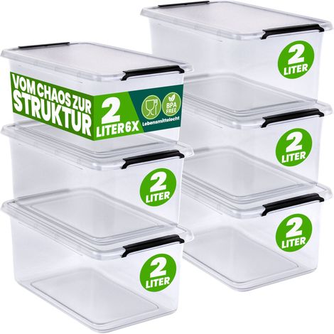 DEUBA® Aufbewahrungsbox mit Deckel verschiedene Größen Box Kunststoff Kisten lebensmittelecht BPA frei klein Klickverschluss transparent stapelbar Küche Schlafzimmer  6x 2L
