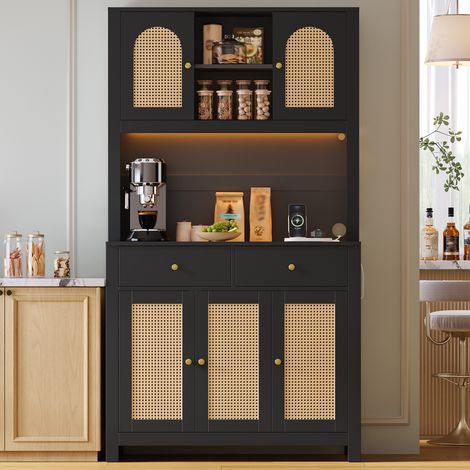 Buffet haut de cuisine 100x40x180 cm avec 5 portes en rotin, 2 tiroirs, LED RGB via application, 2 prises et 2 ports USB, MDF, noir (1/5)