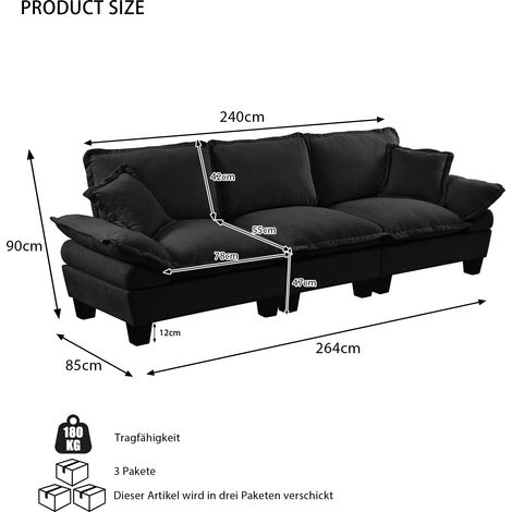 Canapé en chenille à voilier, petit, canapé orienté confort pour petites pièces et appartements, noir