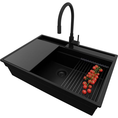PRIMAGRAN Evier Cuisine en Granit 78x53cm, Lavabo 1 bac + Kit de Vidage + Accessoire, Évier à Encastrer au meuble 80cm - Oslo Pocket, Tout Noir (1/5)