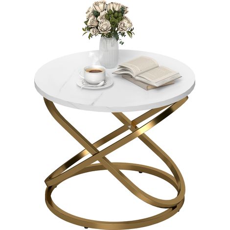 Table basse ronde industrielle métal doré plateau effet marbre Ø 60 x 46H cm