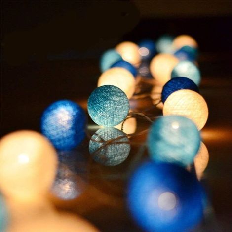 Guirlande Lumineuse Coton Boules Batterie(Bleu) - 3.8M 20 lumières LED Éclairage pour Chambre Rideau Fête Noël Anniversaire Halloween Mariage Chambre de Bébé Romantique Décor [Classe énergétique A+++] (1/5)