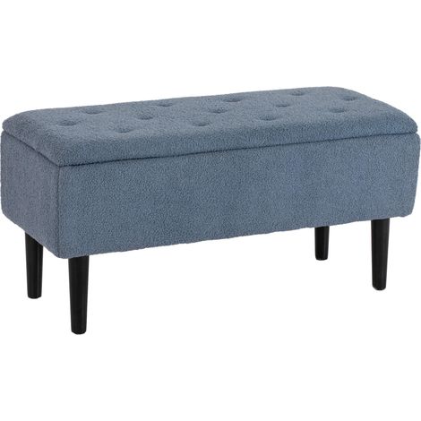 Banquette capitonnée avec coffre de rangement, aspect cachemire, jusqu'à 120 kg, structure en bois naturel, 95 x 38 x 45 cm, bleu